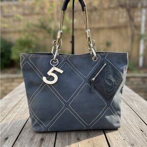 Authentic Chanel No.5 Coco Mark Rope Tote Bag Navy Blue